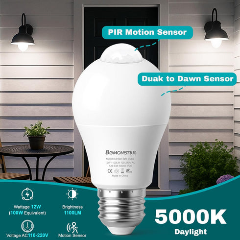 Bgmonster 4-Pack Bulbs, 12W(100W Bulb(Energy Bulb Motion Sensor Light Equivalent), Movement Security LED Efficient)