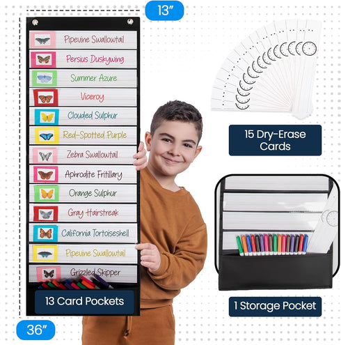 Essex Wares - 13 Pocket Daily Schedule Pocket Chart, Ultra-Durable Visual Schedule for Kids, Reusable Daily Schedule