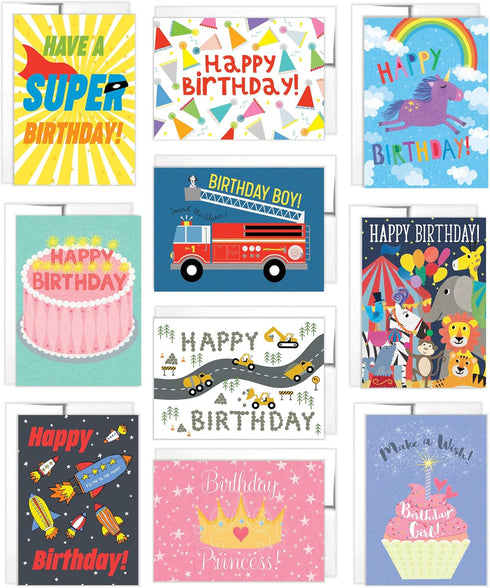 Tiny Expressions - 10 Kids Birthday Cards with Inside Messages and Envelopes