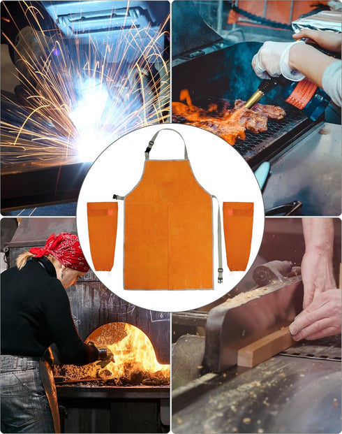 Set, QWORK Welding Apron& Sleeves, Welding Work Protectors Heat and Flame Resistant Leather Work Shop, Blacksmith