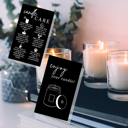 Handmade Candle Care Instruction Card - 50 Pack for Candle Makers, Black with White, 3.5 x 2 inches