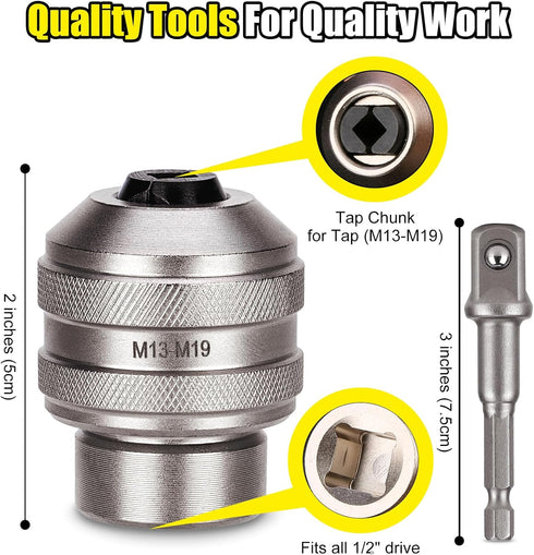 Topec Tap Socket Set, 2-Piece 1/2"DR x M13~M19 Adjustable Tap Chuck Tool with a 1/2"Socket Adapter, Tap Handle for Taps, Reamers, Screw Extractors