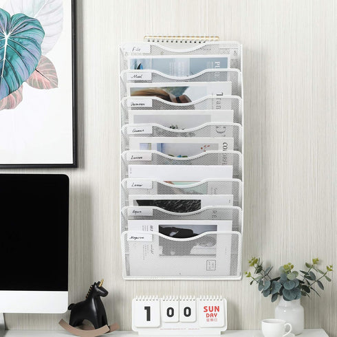 EasyPAG Office 8 Pocket Wall File Folder Holder, Hanging Organizer for Magazine Document Paper Rack, White.