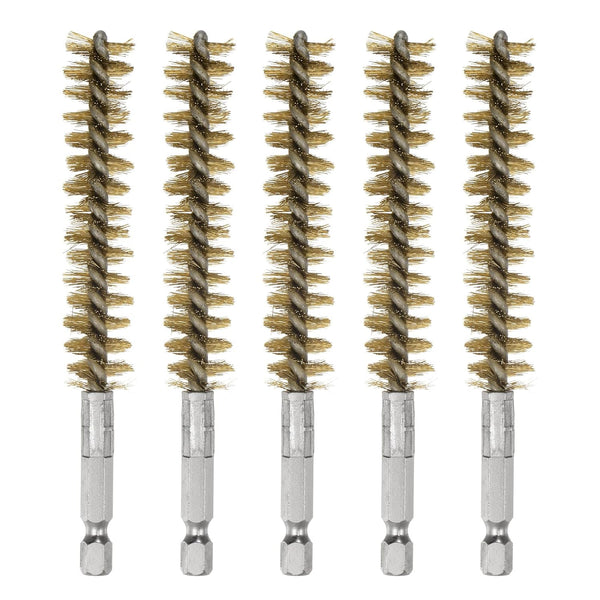 5Pcs Bore Brush, Brass 15mm Dia Cleaning Twisted Bronze Wire Brush with Handle 1/4 Inch Hex Shank