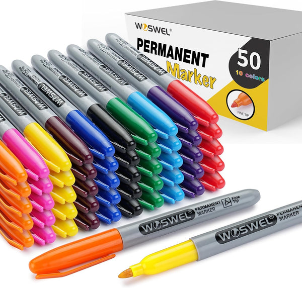 WOSWEL Permanent Markers Bulk, 50 Pack,10 Assorted Colors Permanent Marker, Fine Tip,