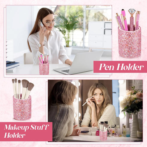 Sabary 8 Pcs Ballpoint Pens with Pen Holder, Metal Crystal Diamond Glitter Pencil Organizer for Women, Pink