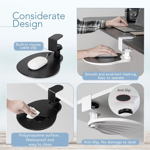 EHO Clamp on Mouse Platform, Clip on 360 Degree Rotating Mouse Tray Attachment, Ergonomic Slide Out Tray (Platinum)