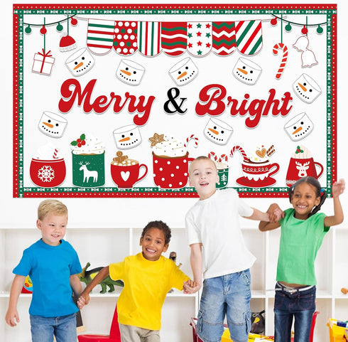 Winter Bulletin Board Decorations Merry Christmas Cutouts, Hot Cocoa Set for Holiday Classroom Decor
