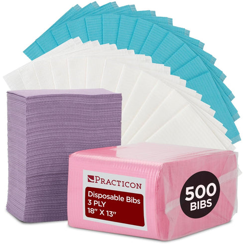 Practicon 500 Pack Classic Mix Disposable Patient Bibs, 18" x 13", 3