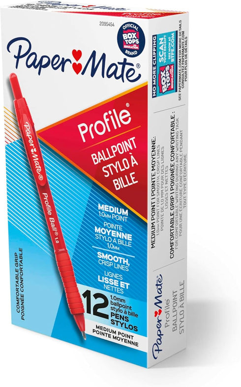 Paper Mate Profile Retractable Ballpoint Pen, Medium Point (1.0mm), Red, 12 Count