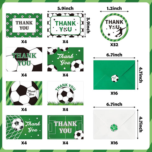 H1vojoxo 96PCS Set Soccer Thank You Cards with Envelopes and Stickers Thank You Notes Sports Ball Greeting Cards