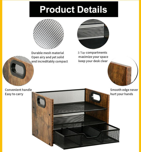 Wood Desk Organizer with Drawer, Paper Tray, File Organizer, Document Organizer for Office Accessories Storage