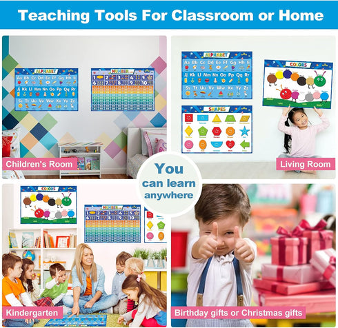 SK SUPKER 4Pack ABC Alphabet Chart + Numbers 1-100 + Shapes + Colors Poster Set, Toddler Educational Learning Posters