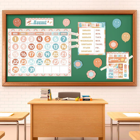Groovy Calendar Bulletin Board Set - Retro Hippie Calendar, Seasons Weather Chart, CTP Bulletin Board Paper-Cuts for