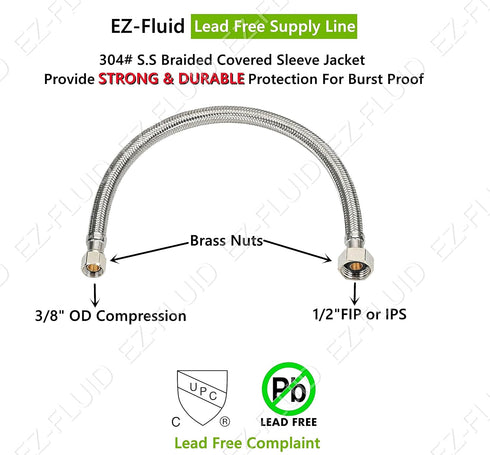 EZ-Fluid (2) 20" Water Supply Line, 1/2" Fip x 3/8" Comp LF, Universal Stainless Steel Braided Faucet Water Supply Hose