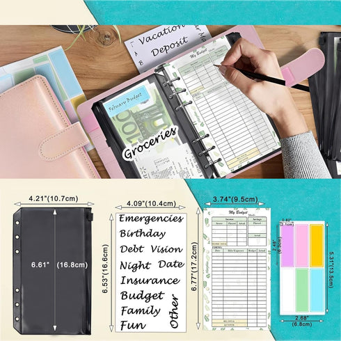 A6 Set x8, x45, x12 x42, 6-Ring 7.4"x 5.7'' Harphia Budget Planner Refills Value with Black Envelope Budget Refill