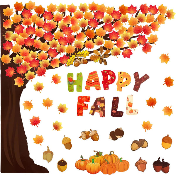 Zonon 128 Pcs Fall Classroom Tree Bulletin Board Set, Woodland Whimsy Autumn Trees and Scarecrow Cutouts