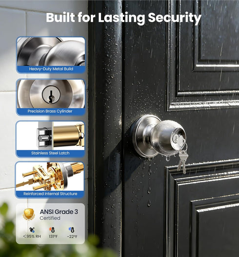 Set 2-Pack, Veise Keys Alike Door Knob Bedroom Door Lock with Keys, Heavy-Duty Rust-Proof Construction, Door Handle