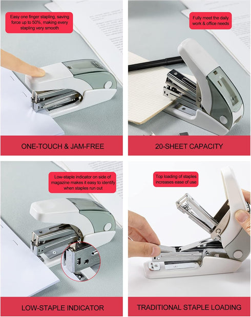 Effortless Standard Stapler Set, 20 Sheet Capacity, Half Strip, Built-in Staples Storage, Includes 1000 Staples