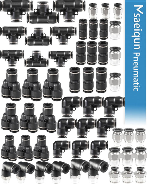 57 Pcs Push to Connect Fittings Kit, 1/4 3/8 1/2 Inch OD Air Line Pneumatic Fittings with NPT Thread, Quick Release