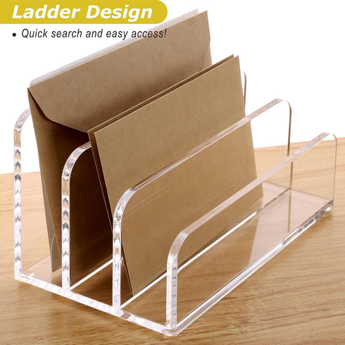 SANRUI Acrylic Mail File Organizer, 3 Upright Compartments, Clear Desktop Vertical Letter Holder for Office, Home
