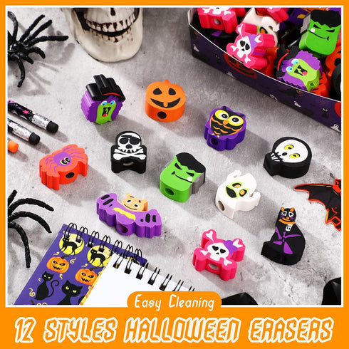 Halloween Erasers Bulk Supplies - 36 Cute Ghost, Pumpkin, Skull Rubber Erasers for Kids