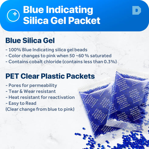 Dry & Dry Blue Indicating Silica Gel Packets, Rechargeable Desiccant, 20 Gram, 7 Packets