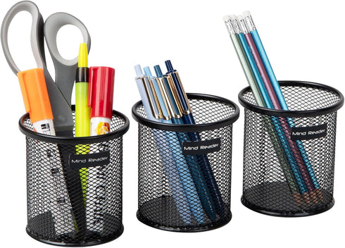 Mind Reader Pen and Accessories Holder, Set of 3, Metal Mesh Desktop Organizer, Black
