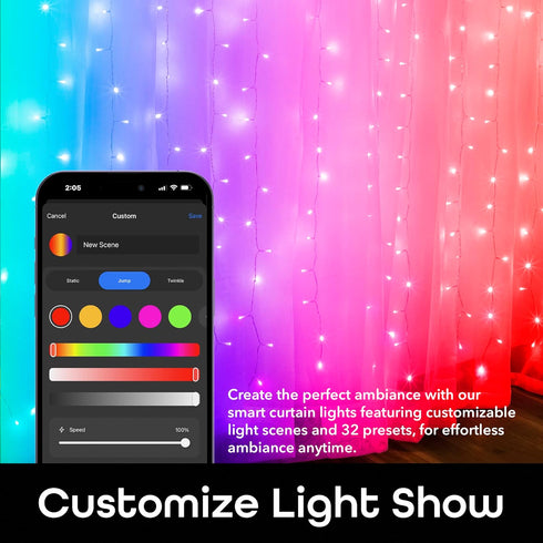 6.6ft. 5ft. Programmable Geeni Smart Cascading Curtain Color String Lights - x Multicolor LED Strand for House, Party