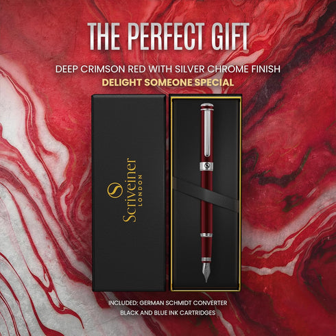 Scriveiner Deep Crimson Red Fountain Pen, Luxury Pen with Chrome Finish, Schmidt Nib (Medium), Best Gift Set for Men &