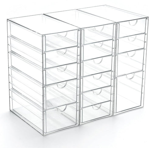 Prsildan Acrylic Drawer Organizer Set of 3 with 15 Drawers, Clear Stackable Storage for Makeup, Jewelry, Office