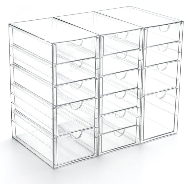 Prsildan Acrylic Drawer Organizer Set of 3 with 15 Drawers, Clear Stackable Storage for Makeup, Jewelry, Office