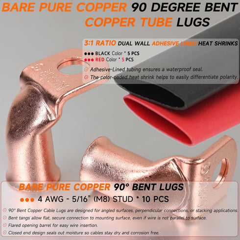 Bare Copper Cable Lugs, 10pcs 4 AWG-5/16" 90 Degree Bent Battery Lugs with 10pcs 3:1 Heat Shrink Tubing