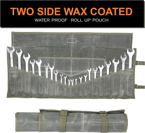Wrench Pouch 26 Pocket Tool Organizer, 100% Cotton Waxed Canvas, SAE & Metric Roll Up Pouch