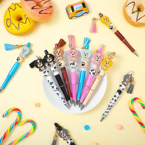 Teling 12 Pcs Beadable Pens Plastic Black Ink Ballpoint Pen with Assorted Spacer Beads Silicone Beads and Tassels and 12 Pcs Lobster Clasps for Office School DIY (Dog) by Teling
