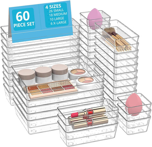 Asnews Clear Drawer Organizers Set of 60, 4-Size Vanity Organizer Trays, Stackable Bathroom