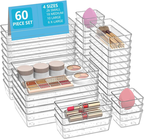 Asnews Clear Drawer Organizers Set of 60, 4-Size Vanity Organizer Trays, Stackable Bathroom