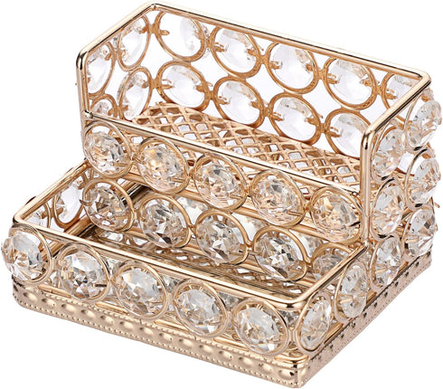 Hipiwe 2 Tiers Crystal Business Card Holder Stand, Gold Mirrored Display Stand for Office Countertop