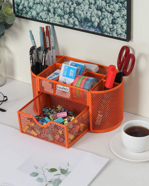 EasyPAG Desk Organizer - Multi-functional Mesh Desktop Caddy with Drawer for Office Supplies, Orange