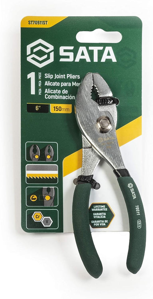SATA 6-Inch Slip-Joint Pliers, Chrome Vanadium Steel Body with Green Handles