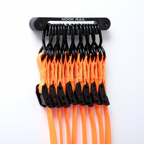 Hook Rail - 2/pk for Organizing Tie-Down Straps, Low-Profile Wall-Mounted Cargo Strap Management for Home or Garage