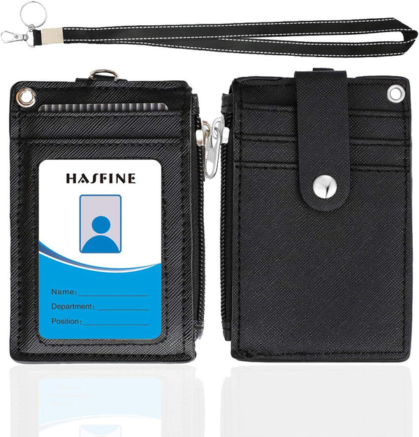 HASFINE ID Badge Holder with PU Leather Zipper Pocket & Lanyard, 2 Sided 5 Card Slots, Detachable Keychain Lanyard