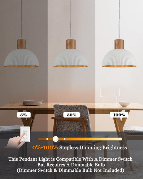 12" ELYONA Modern Ash Wood Pendant Light Fixtures Hanging Lamp Nordic White Metal & Gold Inner Finish Boho Pendant