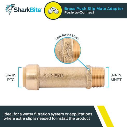 SharkBite 3/4 Inch MNPT Slip Adapter - Push to Connect Brass Plumbing Fitting for Copper, CPVC, U3134LFA