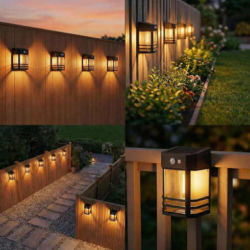 4 Pack 3 IP65 btfarm Solar Fence Lights, Motion Sensor Lights Outdoor, Lighting Modes Dusk to Dawn Solar Deck Lights