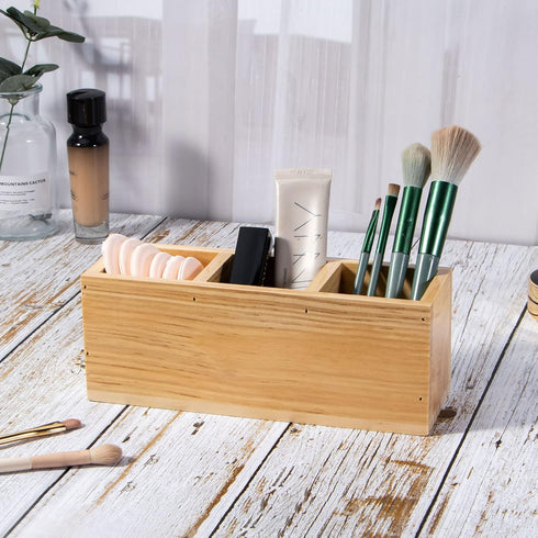 Wood Pencil Holder - Rustic 3 Compartment Desk Organizer for Home, School, and Barbershop
