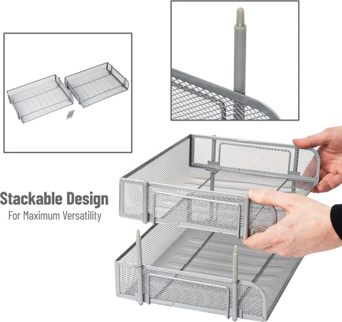 Mind Reader Stackable Paper Tray, 2 Pcs., Metal Mesh Desktop Organizer for File Storage, Office