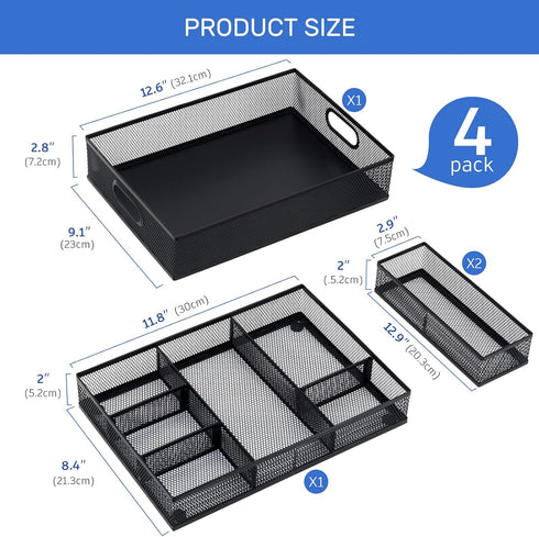 Desk Drawer Organizer with 6 Adjustable Dividers, Metal Pen Organizer for Office Supplies (Pack 4, Black)