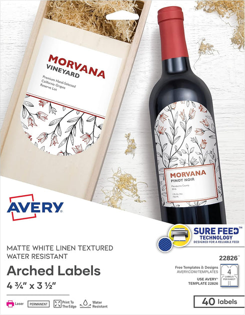 Avery Arched Wine Labels, Sure Feed for Laser Printers, 4.75" x 3.5", 40 White Labels (22826)