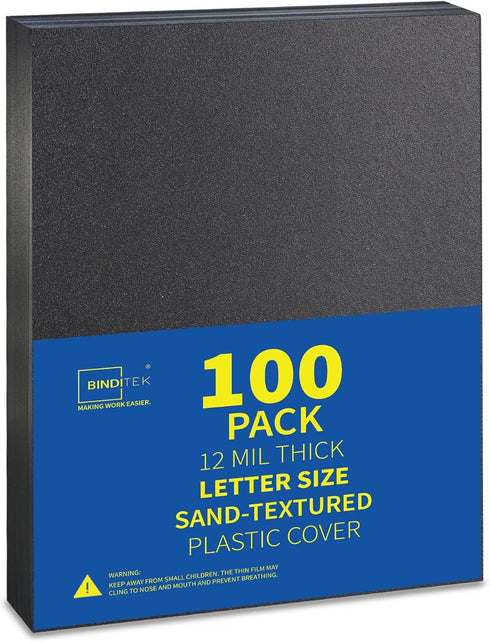 Binditek 100 Pack 12 Mil Sand-Textured Polycover, Plastic Binding Cover for Letter Size, Black